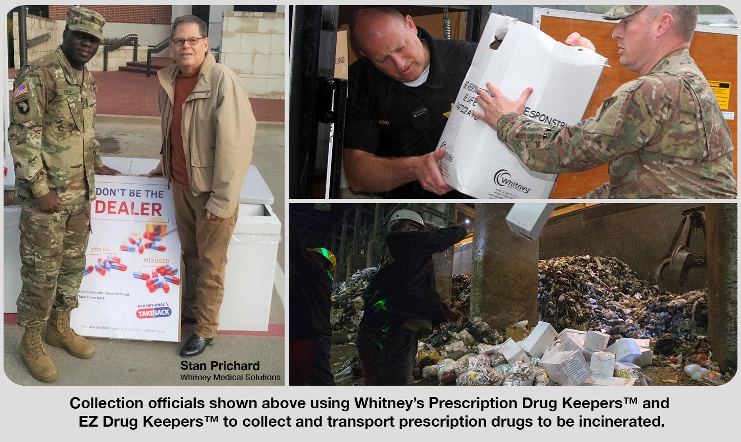 Collection officials collecting expired or unused prescription drugs with Whitney Disposable Prescription Drug Containers